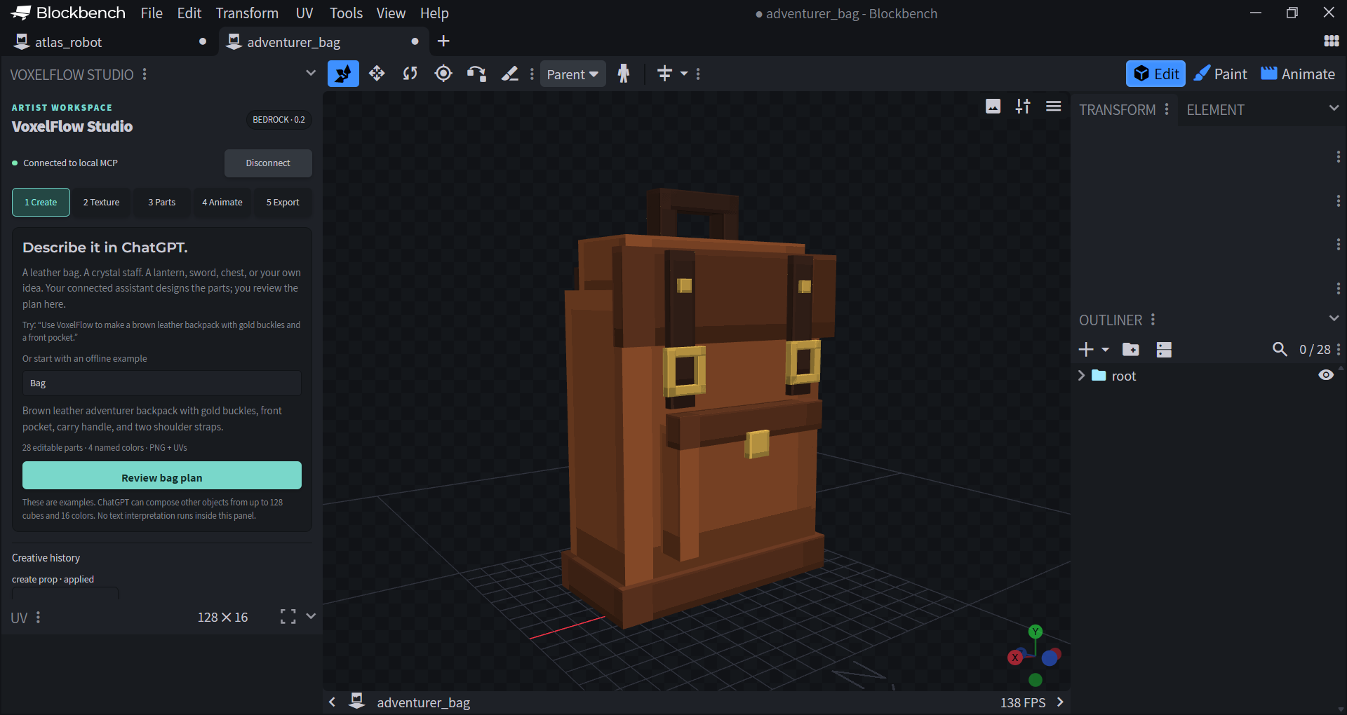 An editable adventurer backpack created in Blockbench with VoxelFlow