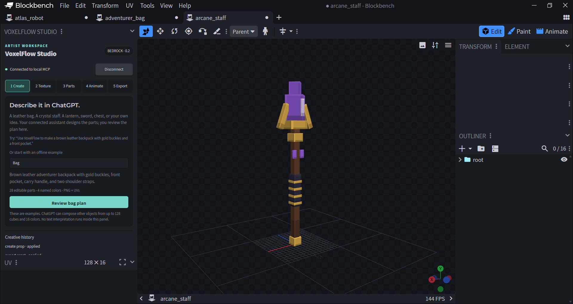 An editable arcane staff created in Blockbench with VoxelFlow