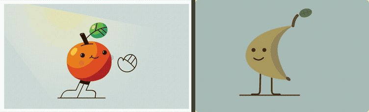 Left: the original tomato animation. Right: the banana recreated with motiscope — both playing the same beats in sync.