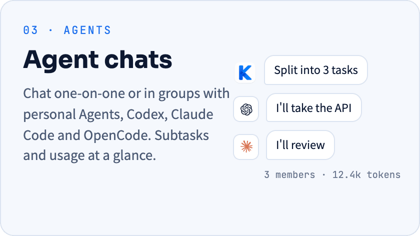 Agent chats: one-on-one or group chats with personal Agents, Codex, Claude Code and OpenCode