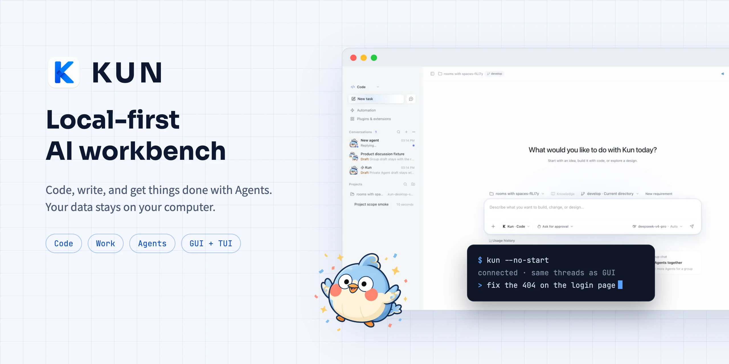 Kun, a local-first AI workbench: the desktop Code view, the terminal TUI, and the mascot