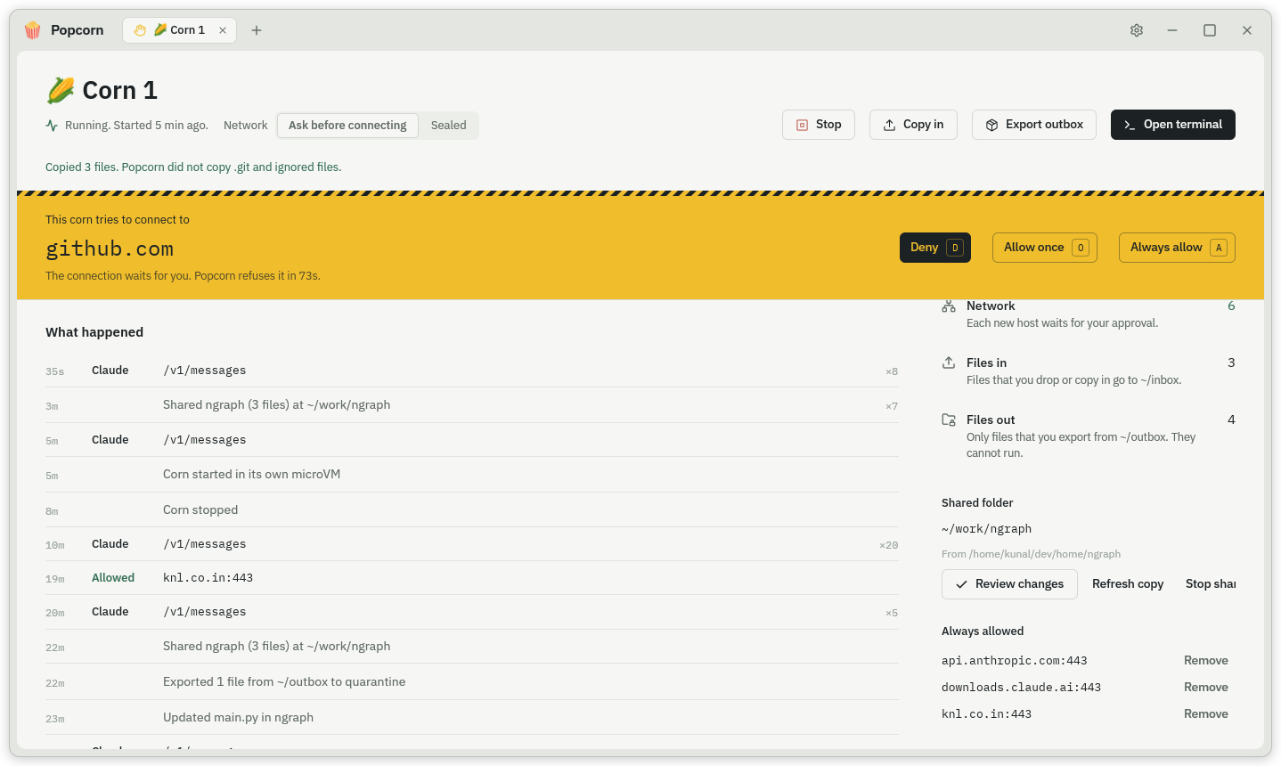 A corn asks before it connects to github.com