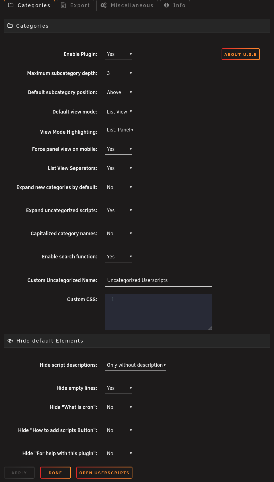 Categories Settings Page