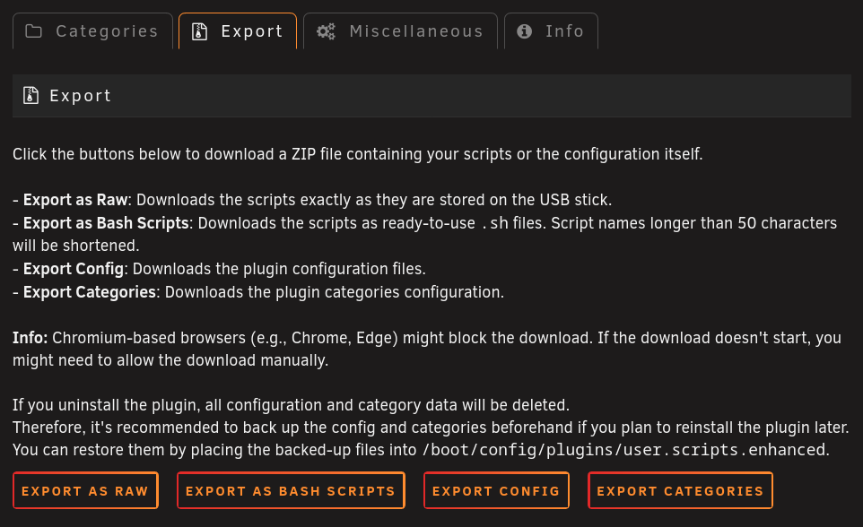 Export Settings Page
