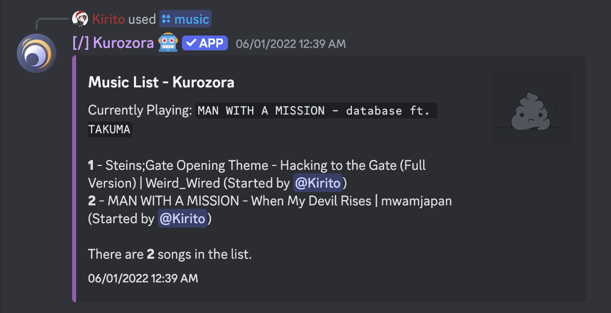 Kurozora displaying the music queue for music streamed in a voice chat.