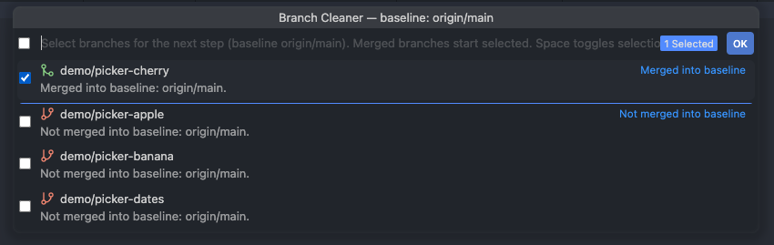 Branch Cleaner Quick Pick: baseline origin/main, merged vs not merged local branches, multi-select