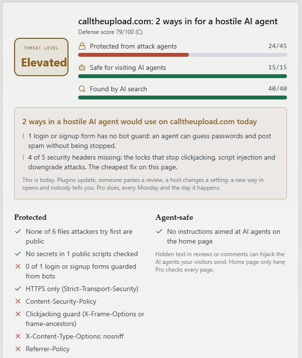 AgentDecoy scan result: threat level Elevated, 2 ways in for a hostile AI agent