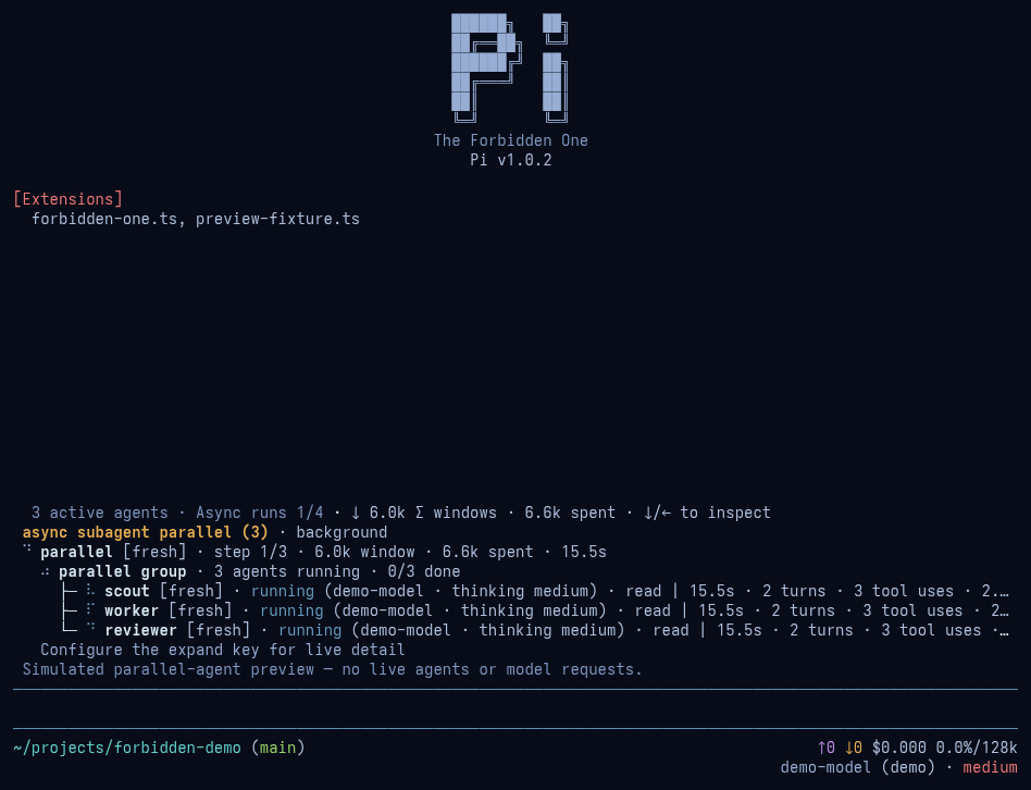 Blue preview with three simulated parallel agents, native subagent status widgets and the theme's footer