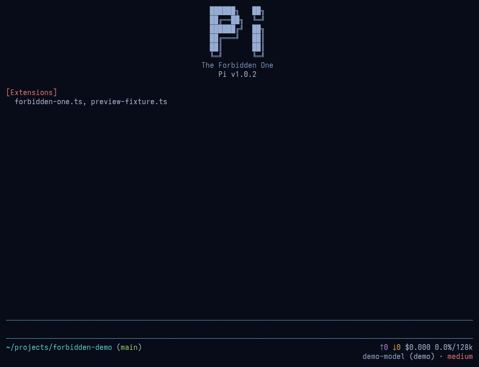Blue startup preview showing the centered Pi logo, The Forbidden One subtitle, native version and two-row footer