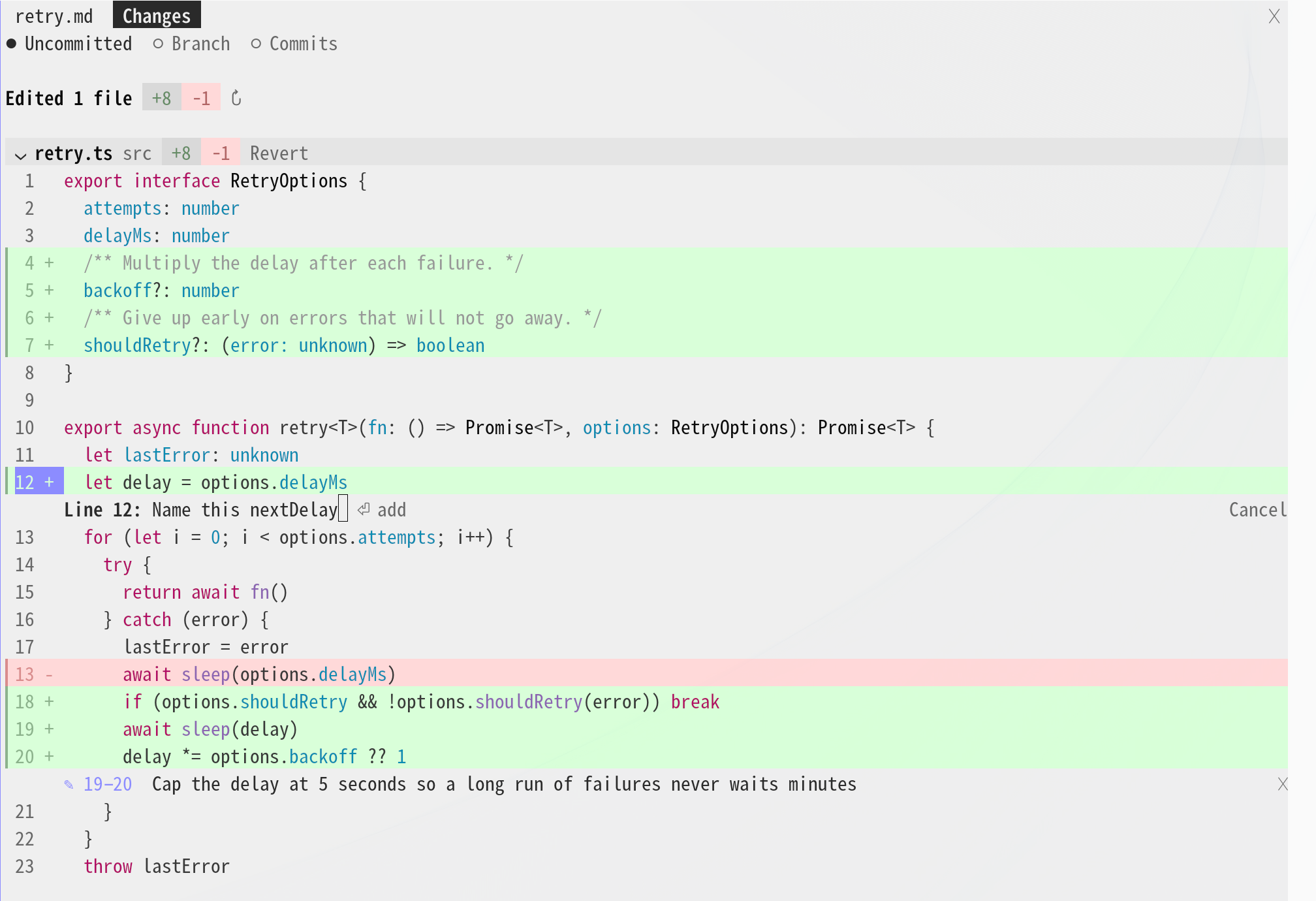 Line comments in /desk-diff: a kept comment on lines 19–20, an open comment field on line 12, picked line numbers in blue