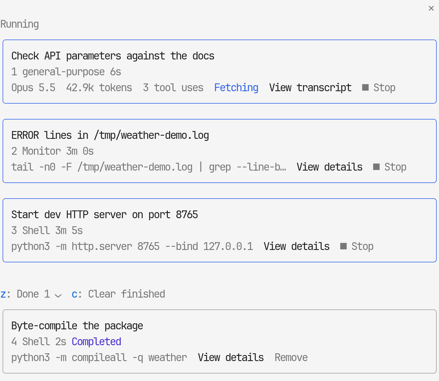 The /desk-tasks pane: a running agent (fetching), monitor and background shell, and a finished shell under Done