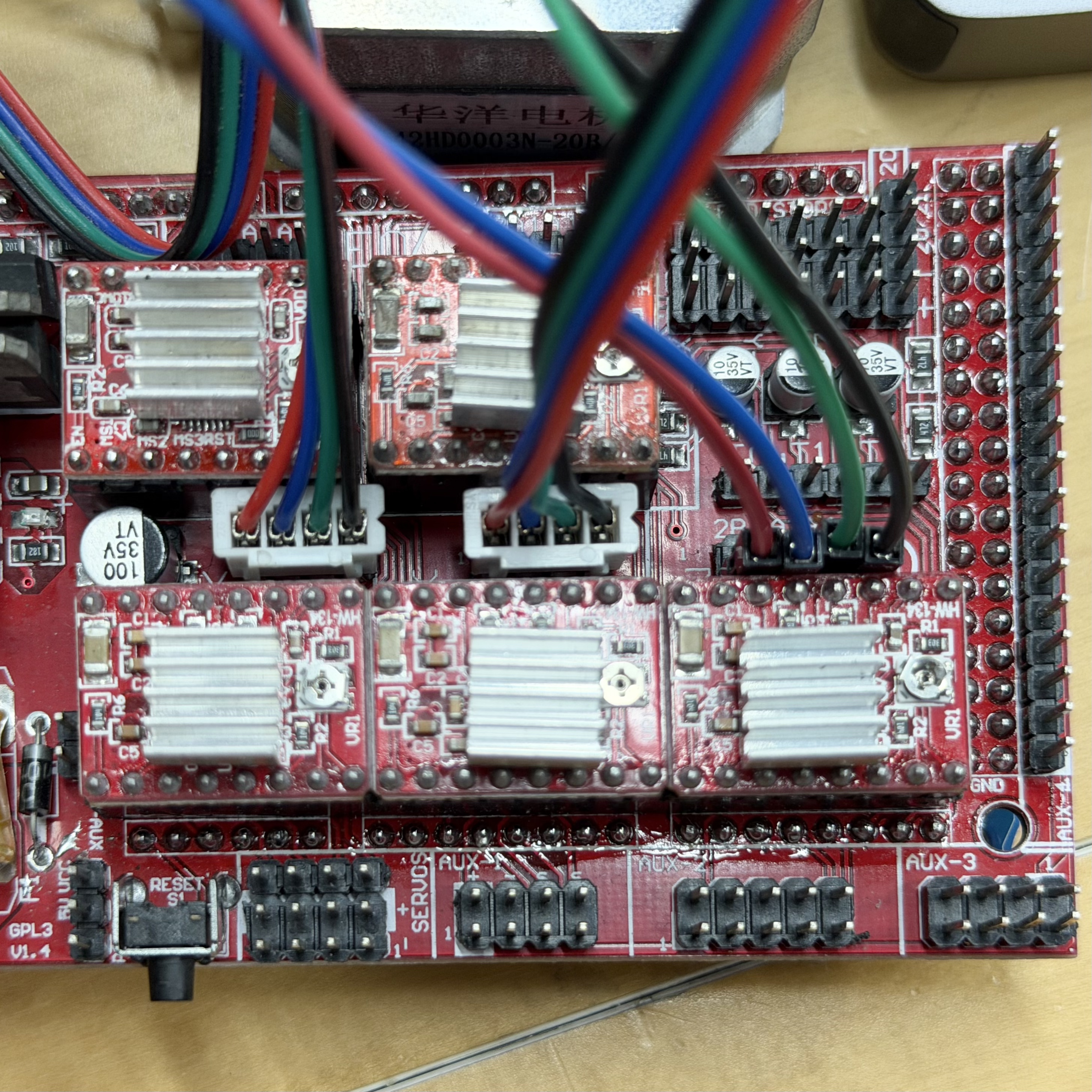 My build: NEMA 17 stepper motors wired to RAMPS X, Y, Z drivers