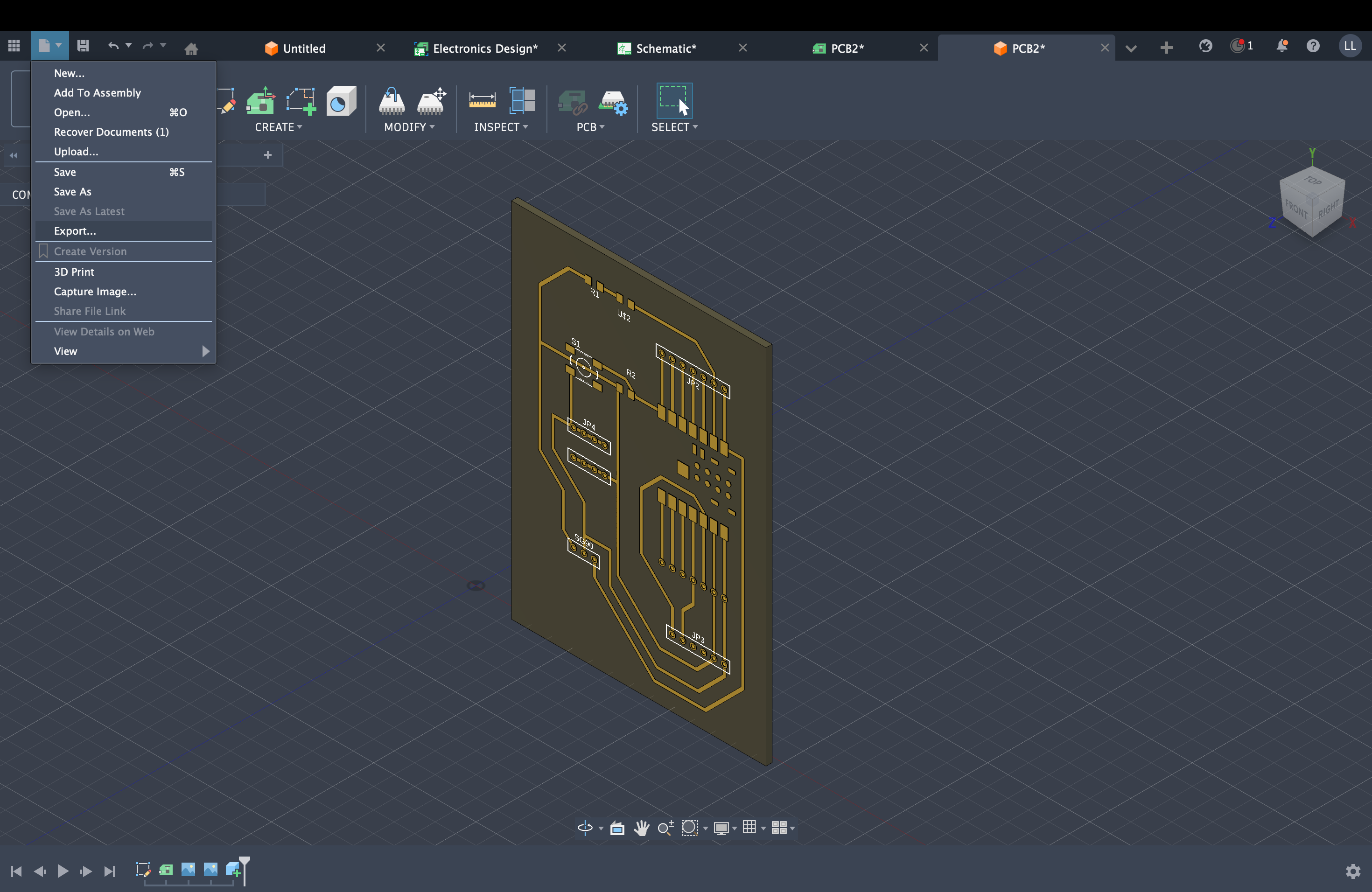 Fusion 360 — 3D PCB export, copper layer retained for STEP