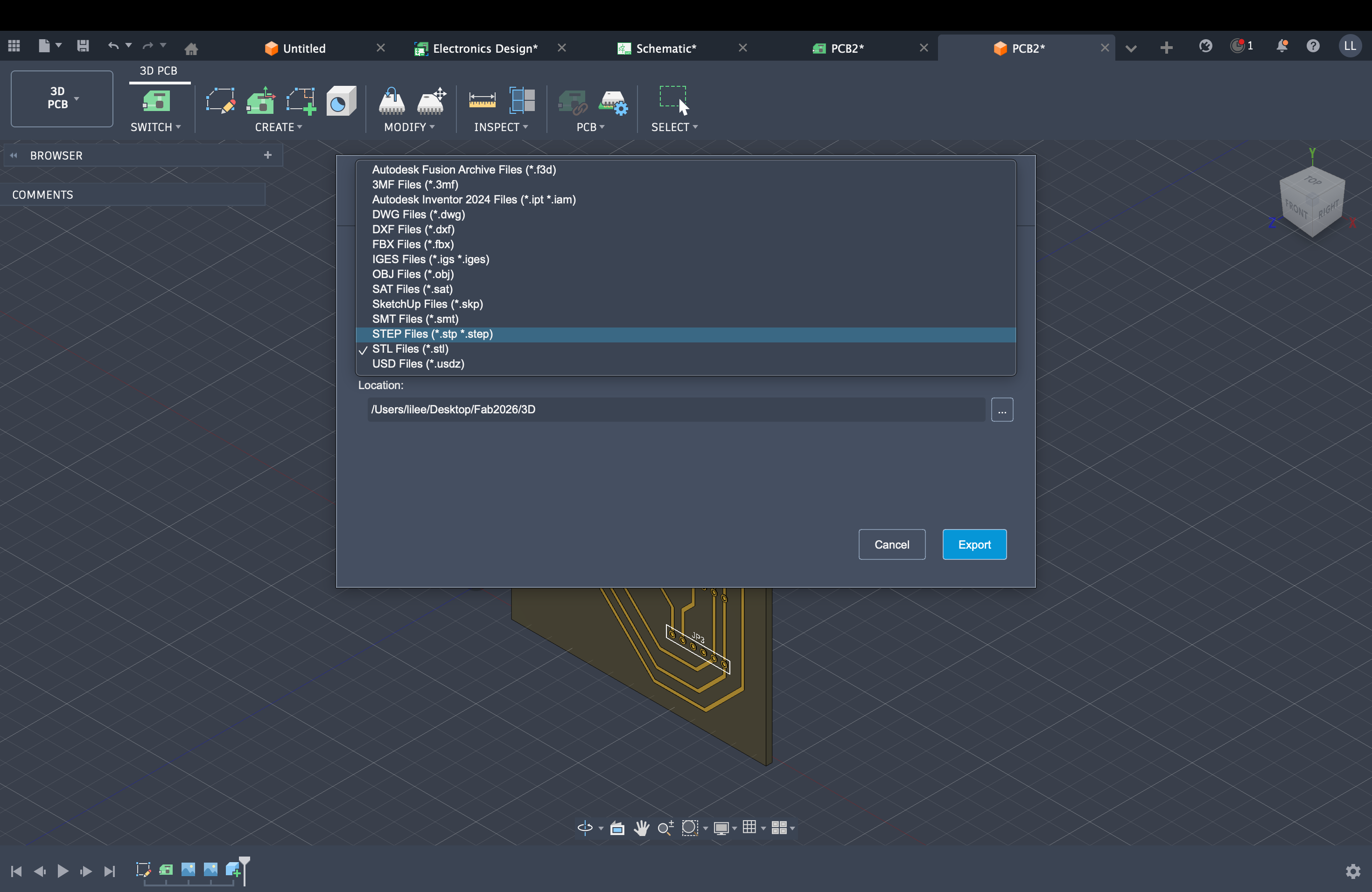 Fusion 360 — copper layer and STEP export