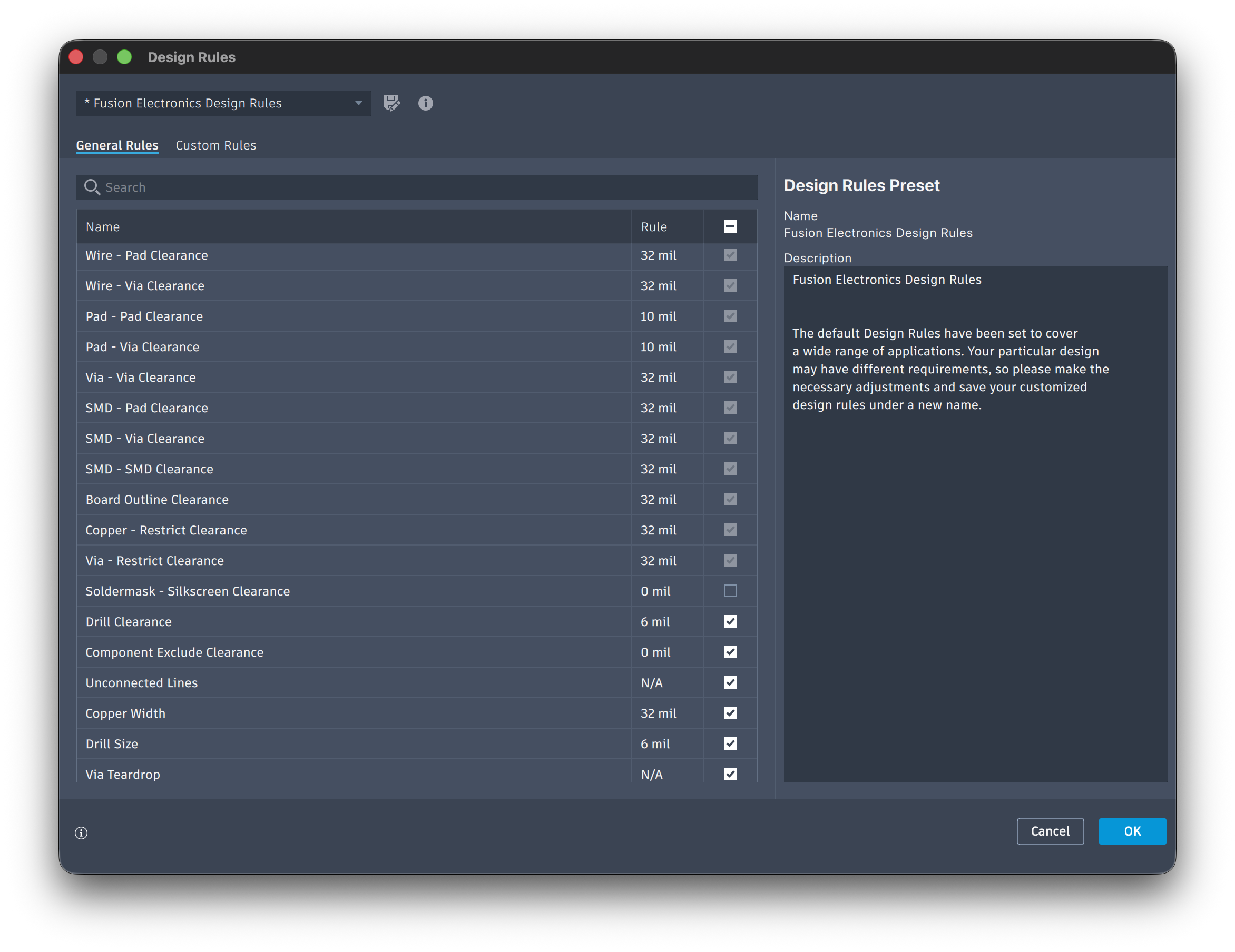 KiCad design rules screenshot — revised DRC settings (2)