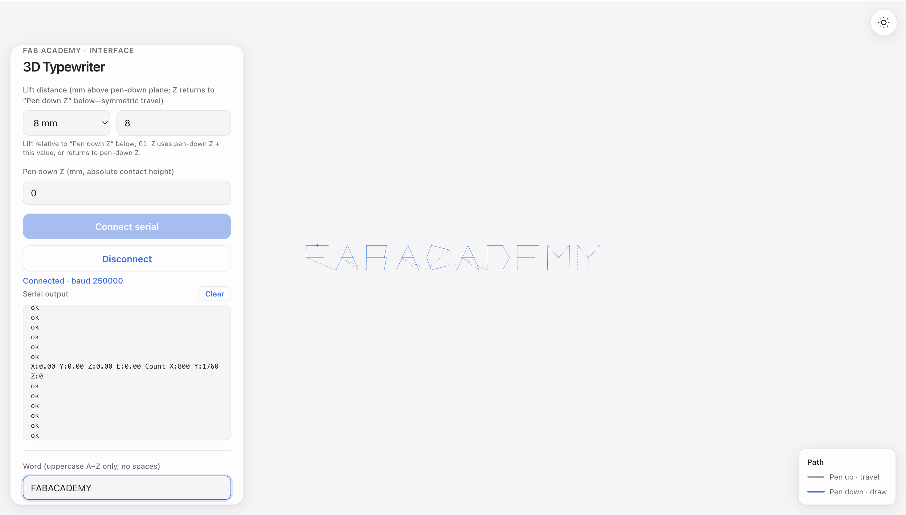 3D Typewriter web UI: controls and 3D path preview