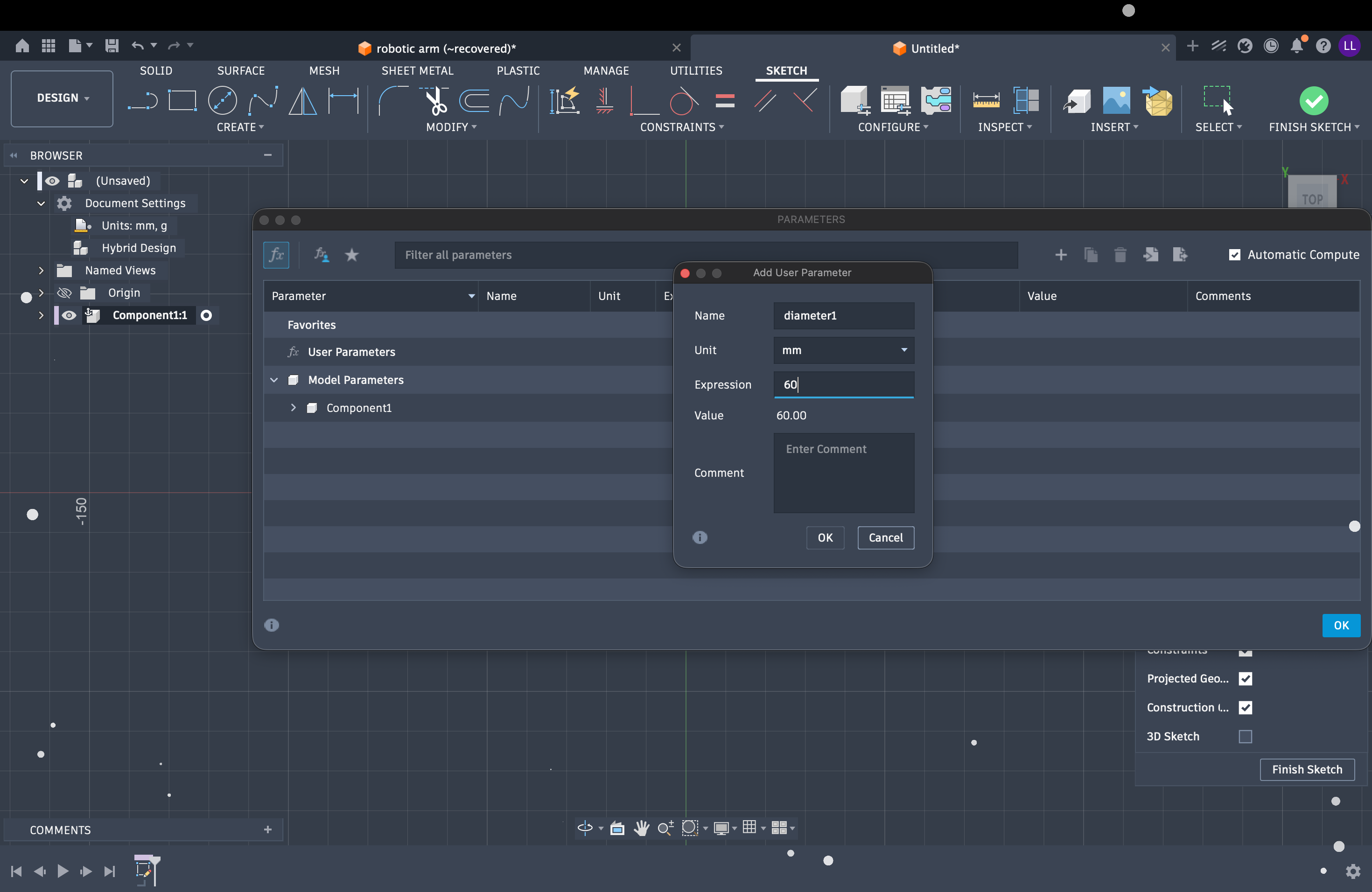 Fusion 360 — Parameter list