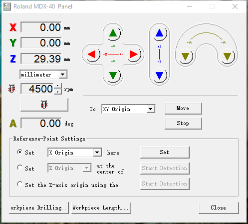 Roland MDX-40 Panel — drill aligned to board top-left