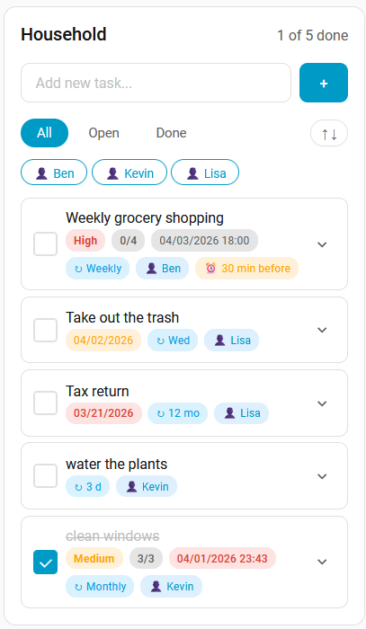 Home Tasks in light mode
