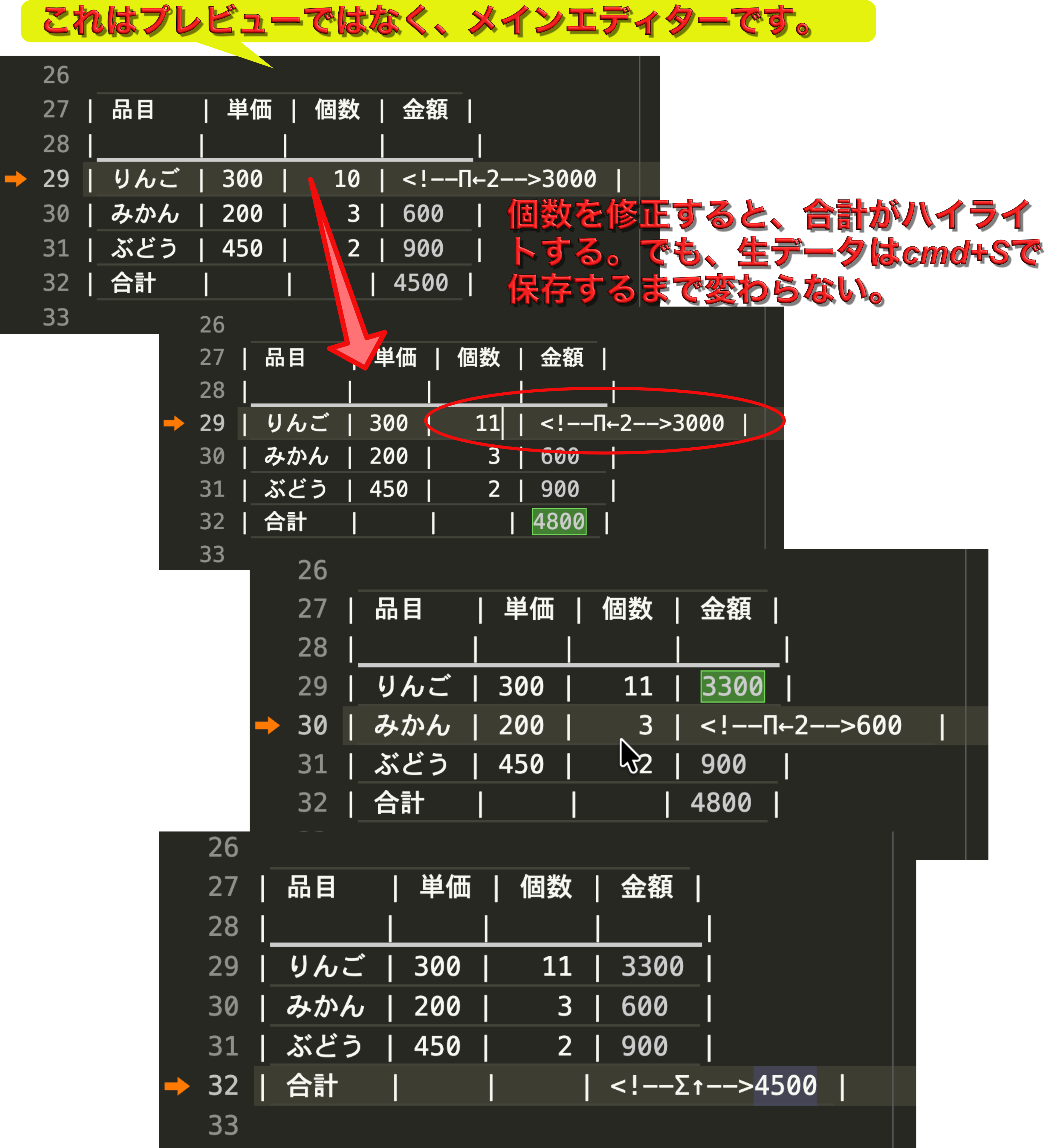 Changed cells flash green — totals update live on screen, the file is baked only on save