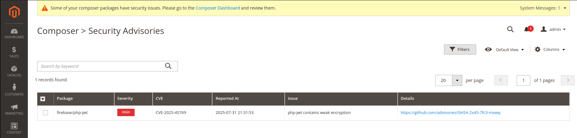 Dashboard with security advisories