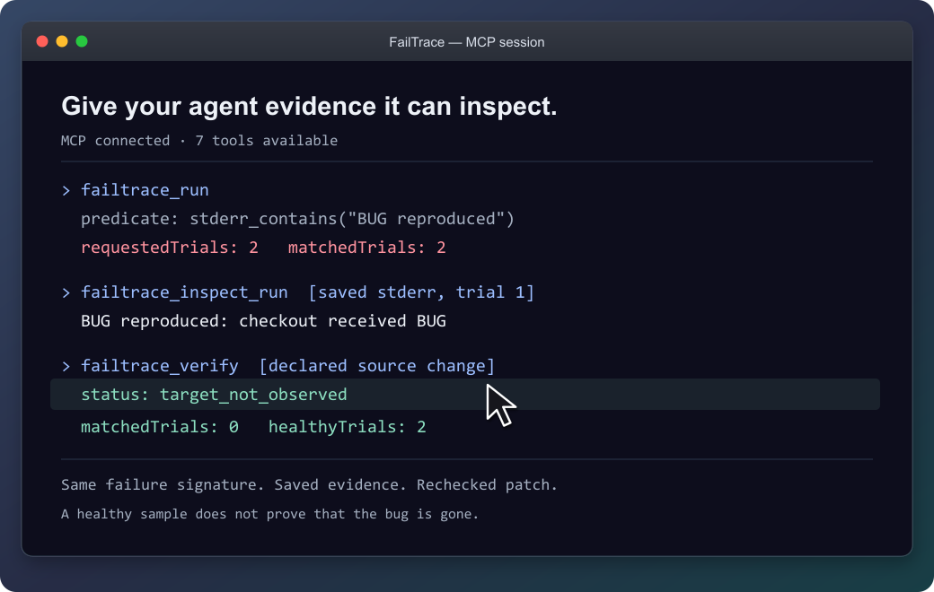 MCP workflow: capture the target, inspect saved stderr, and verify a declared patch