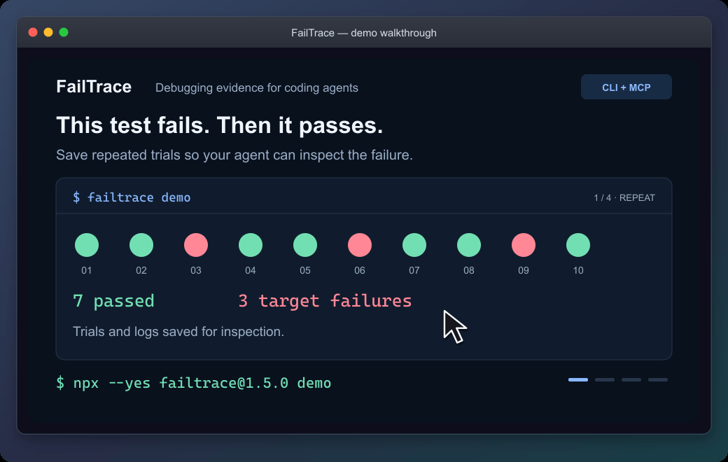 FailTrace demo: capture a failure, reduce its input, reject an unrelated crash, and check a patch