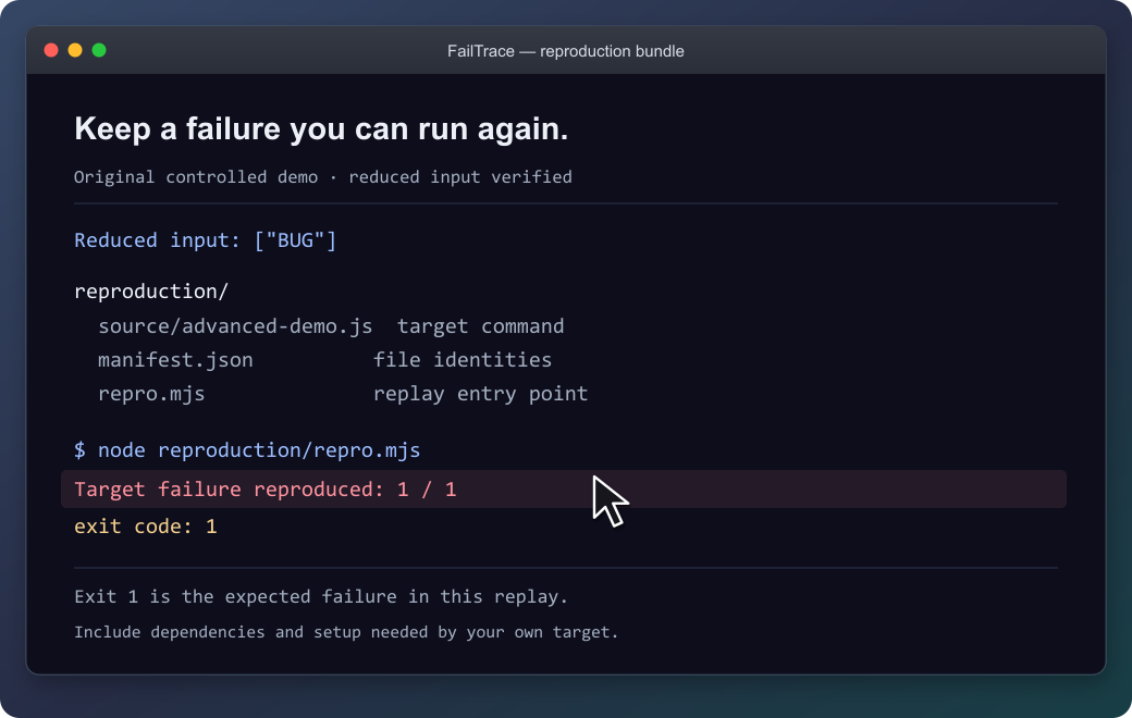 A reduced input packaged with a replay entry point reproduces the target failure