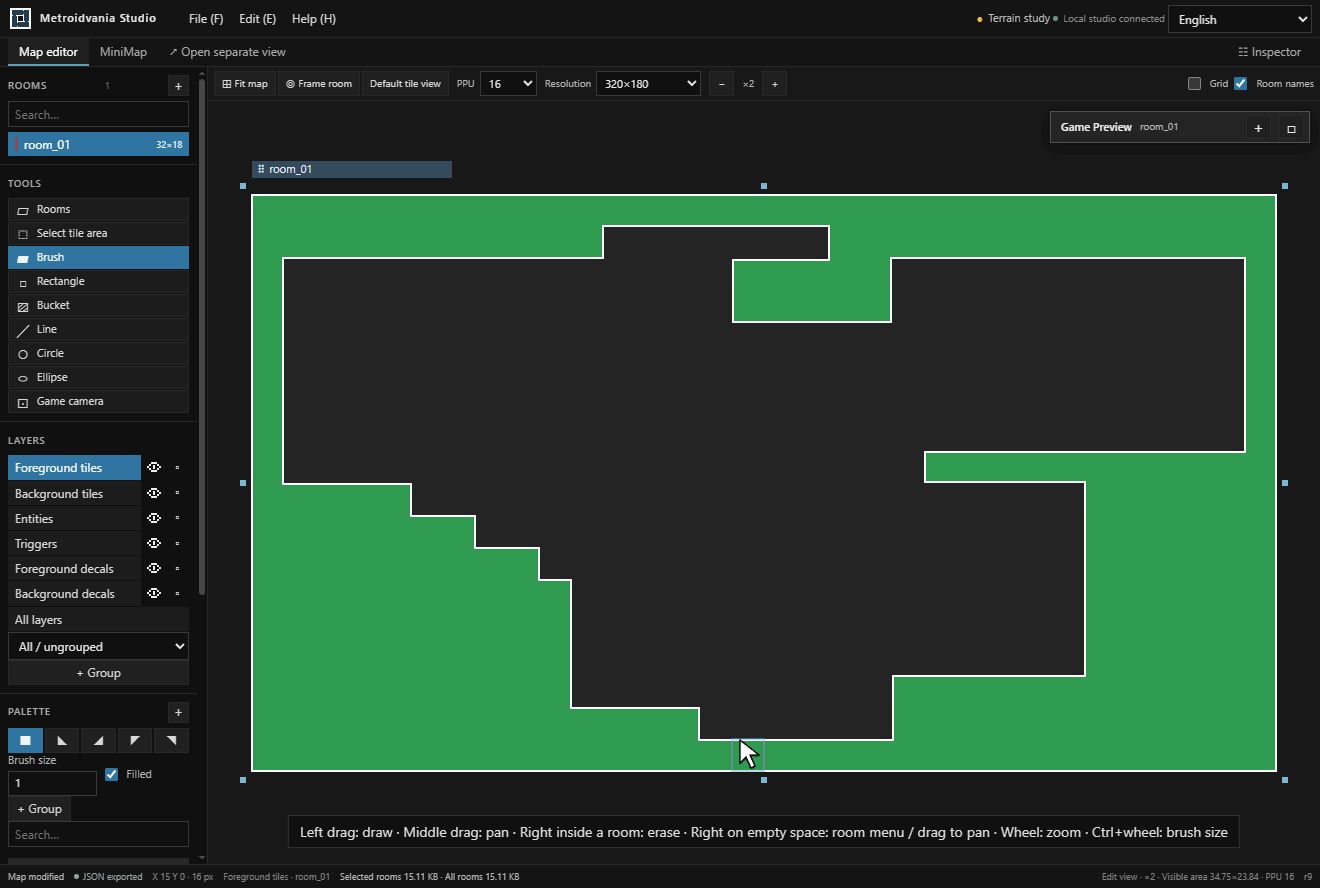 Import a grassland PNG into a color palette and update an existing room