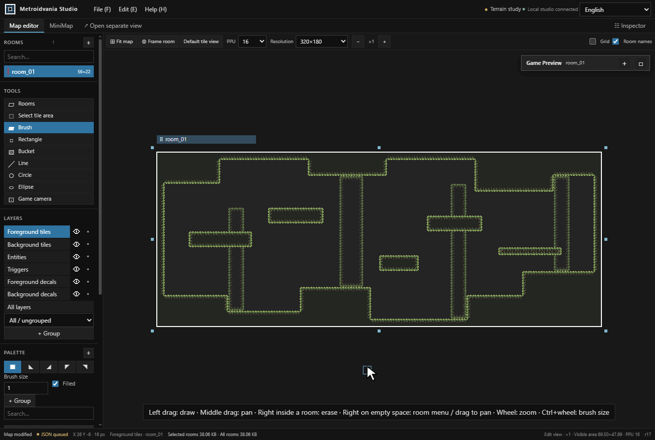 Drag the game camera inside a room, inspect the live view, and maximize or collapse Game Preview
