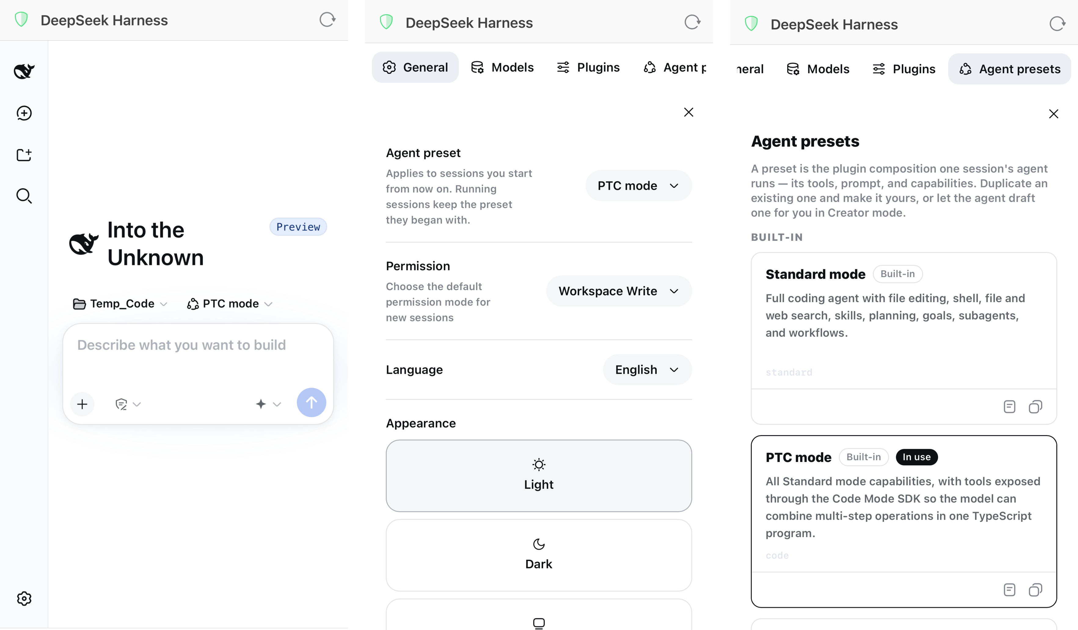 dsh Web UI on a phone: chat, general settings, and agent presets