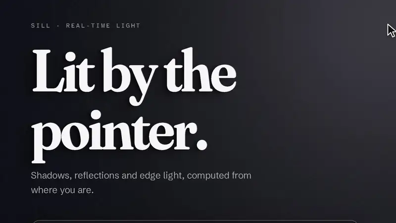 A dark interface lit by the mouse pointer. A large serif headline, Lit by the pointer, casts shadows that swing as the cursor moves, then a keypad of raised keys catches moving highlights.