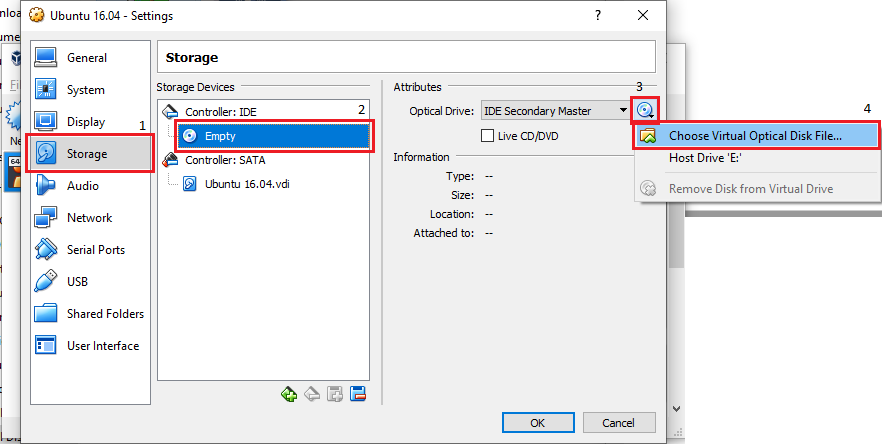 Set file ISO Ubuntu VM baru Oracle VM VirtualBox