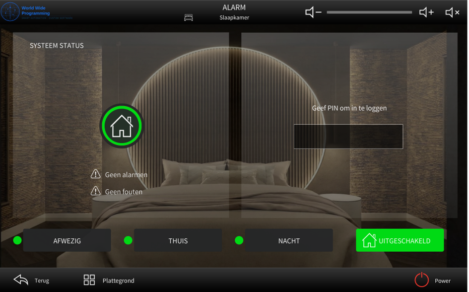 Alarm and security status screen with home, away, and night mode selection