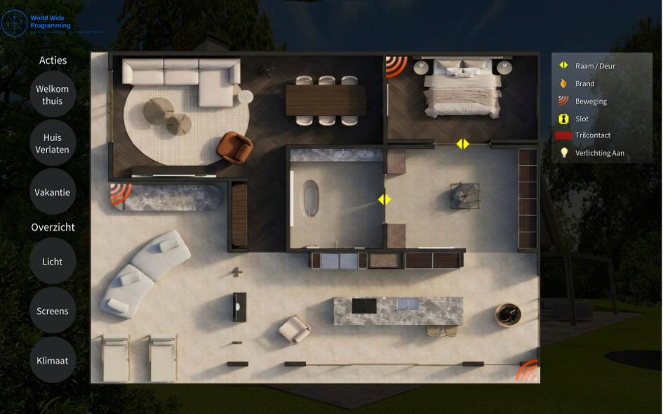 Interactive villa floorplan overview on a Crestron touchpanel, showing room layout with live device status icons