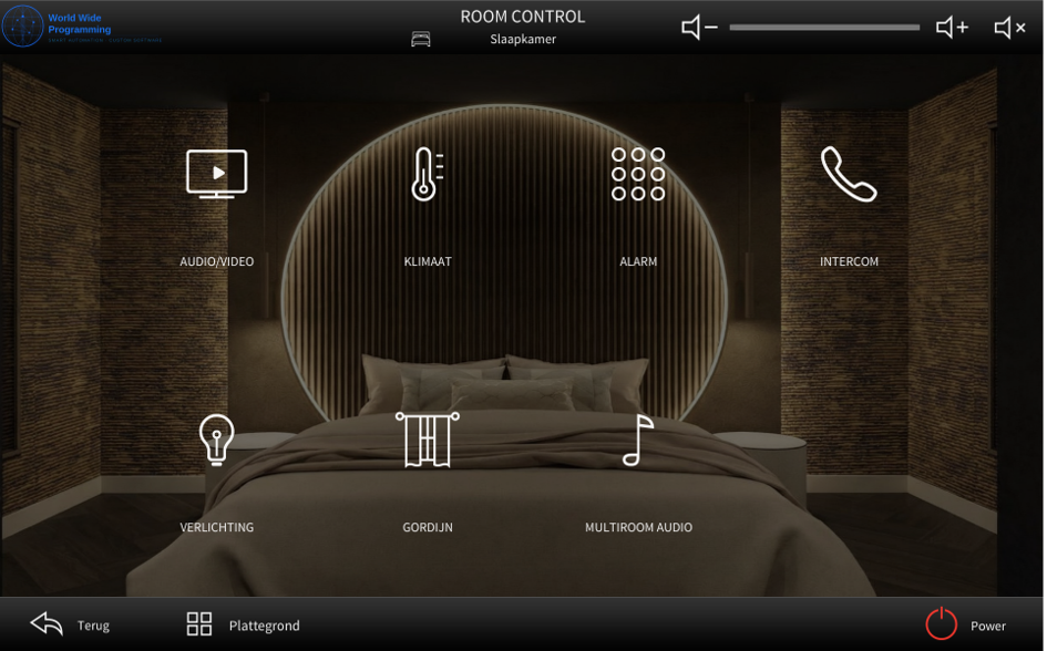 Bedroom room control screen with climate, lighting, curtains, audio and intercom controls