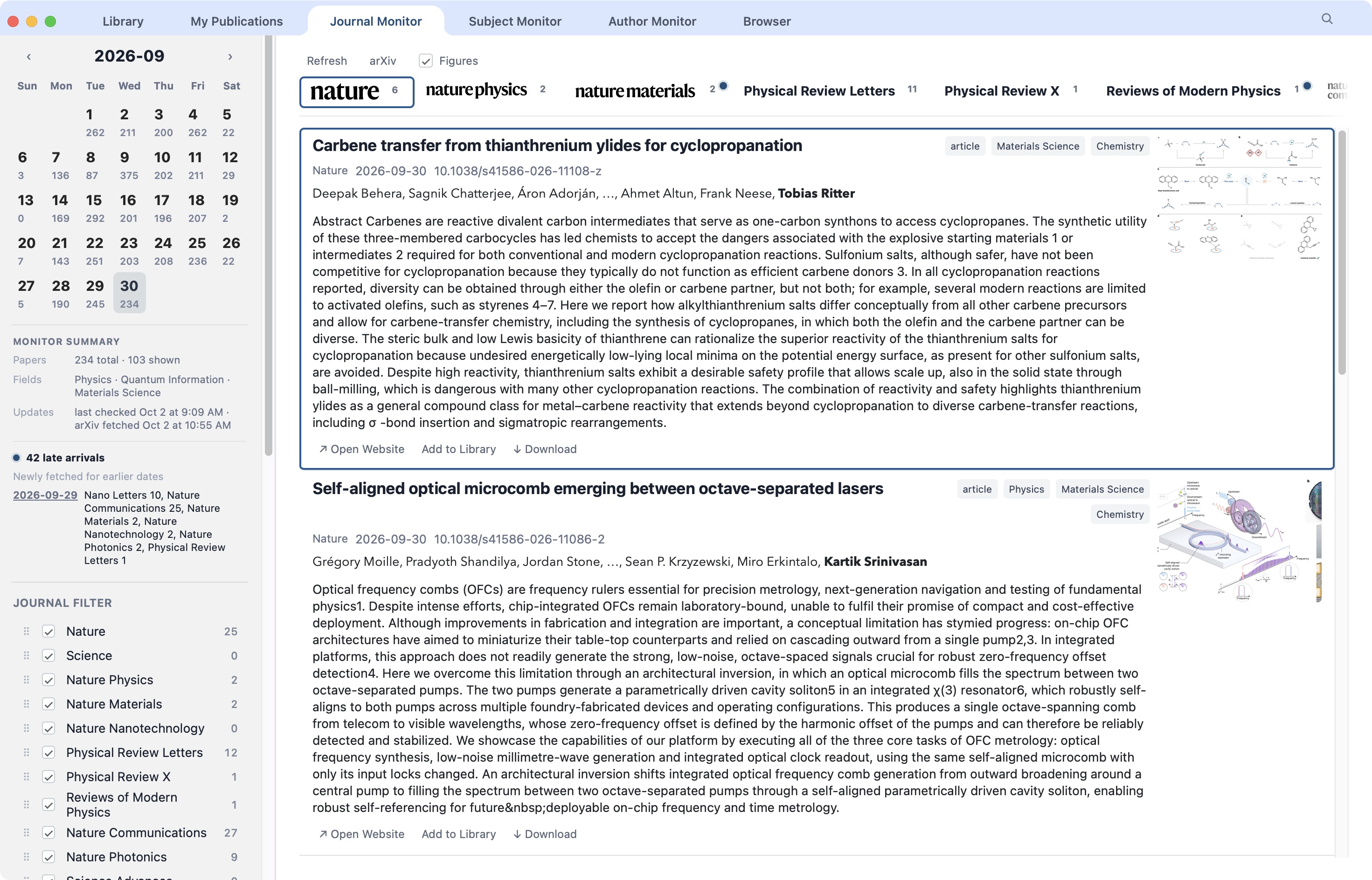Journal Monitor displaying Nature papers, a calendar, and article figures