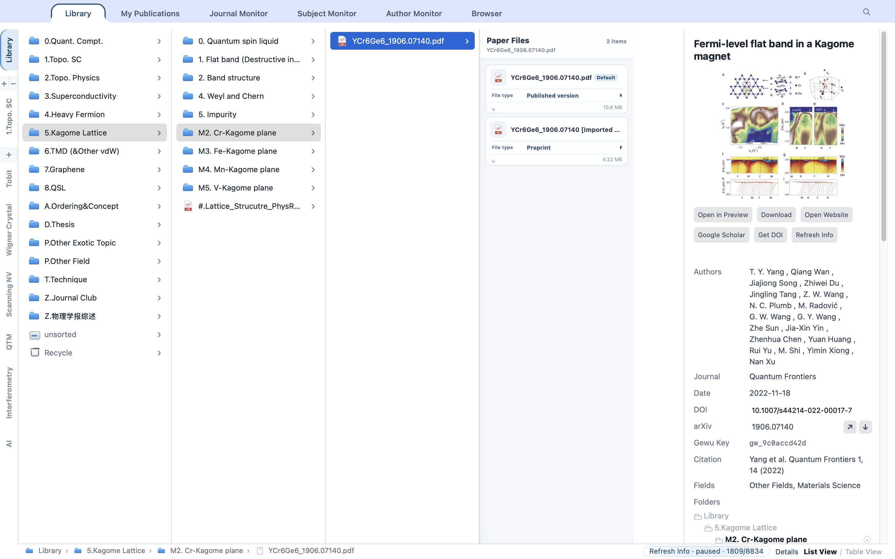 Library folders, a selected paper's Published version and Preprint in Paper Files, and Paper Details