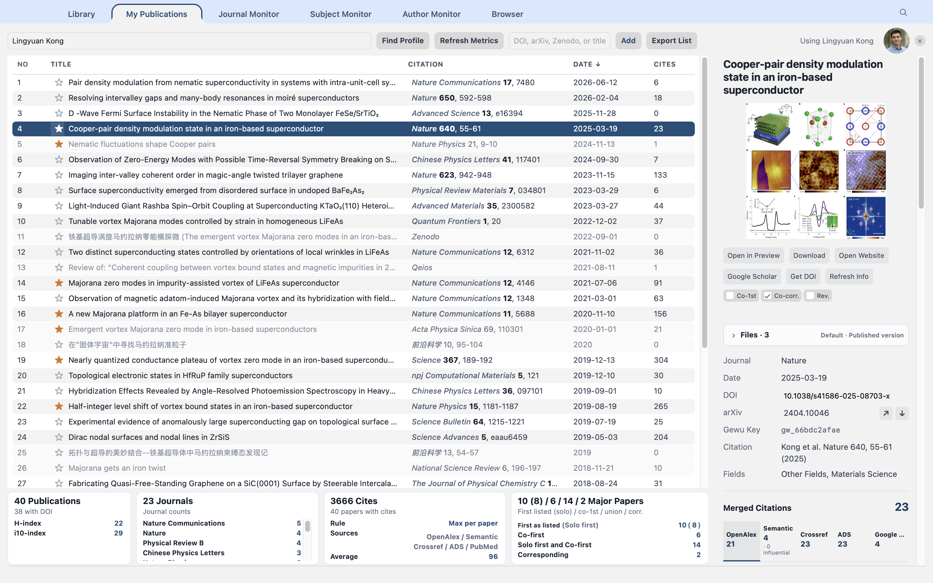 My Publications with authorship roles and citation metrics