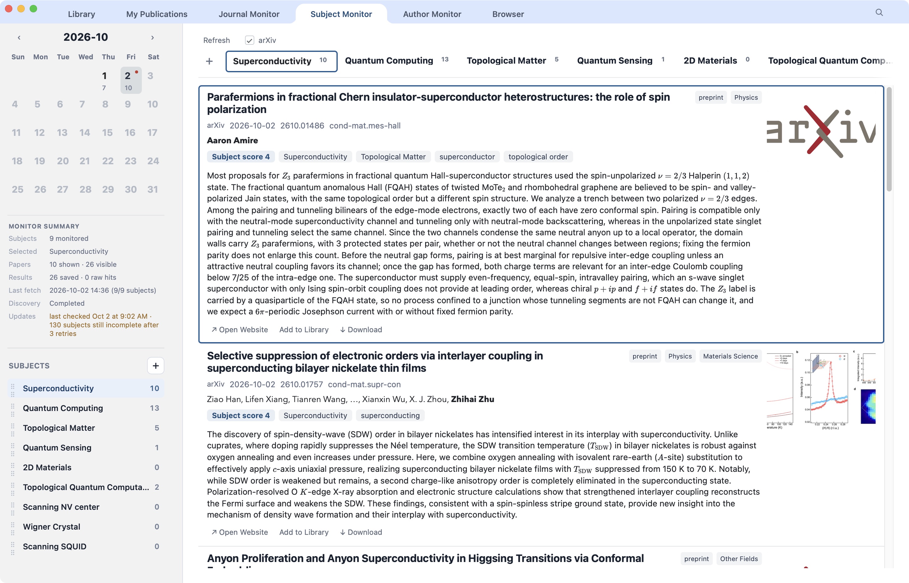 Subject Monitor with a saved research topic and dated results
