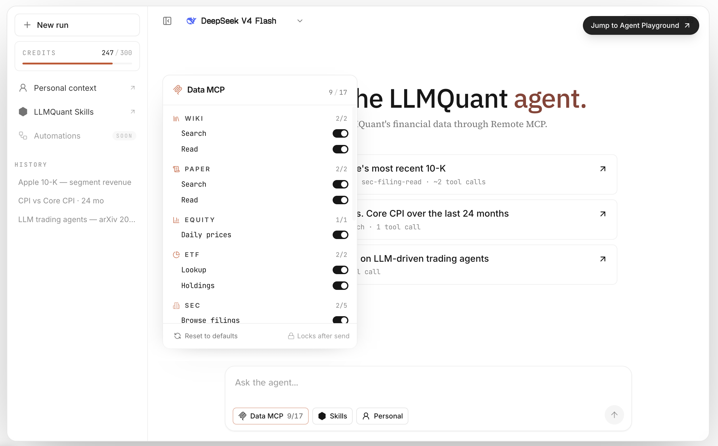 LLMQuant Agent Playground — Data MCP and Skills enabled