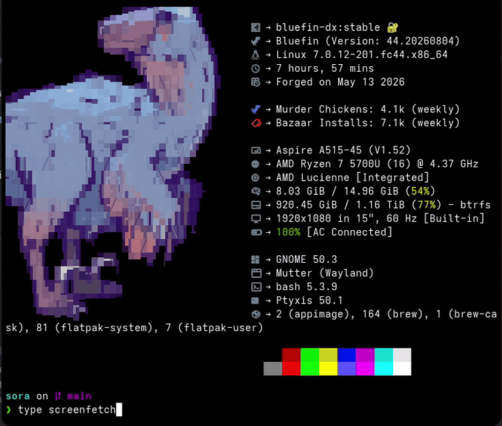 Demo: fastfetch nativo no host, screenfetch resolvido da box de forma transparente, e um typo falhando instantâneo sem acordar container