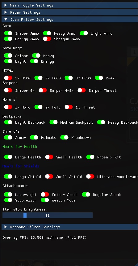 Item Filter Settings