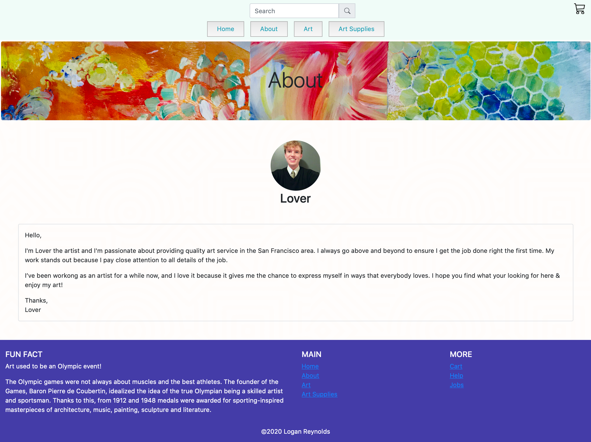 this is a screen shot of the about page for Lover's art site.
