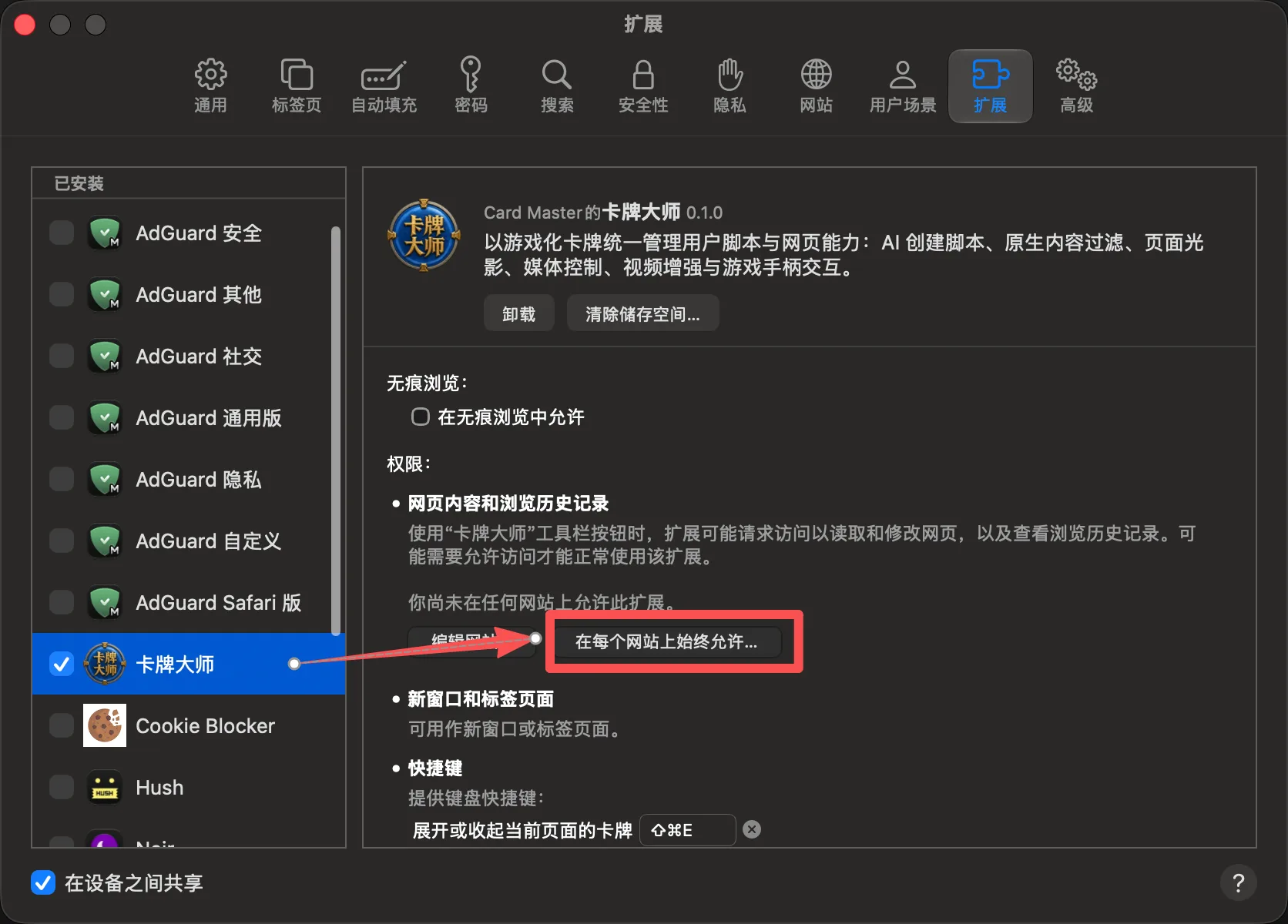 在 Safari 扩展设置中点击「在每个网站上始终允许」