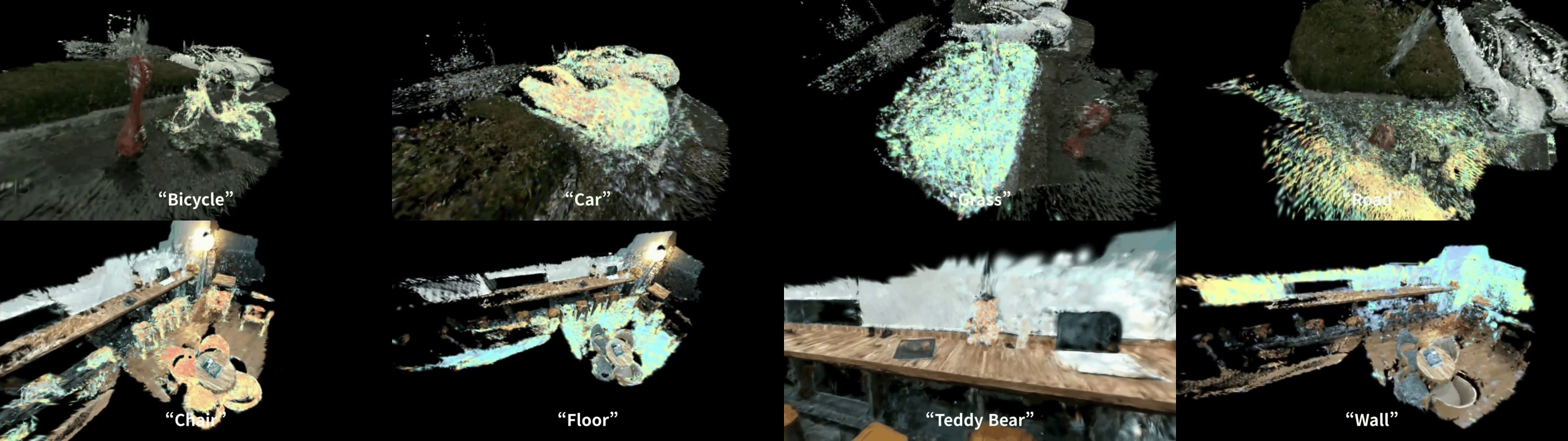 LEGO-SLAM text-query relevancy maps on Femto Mega outdoor and indoor scenes