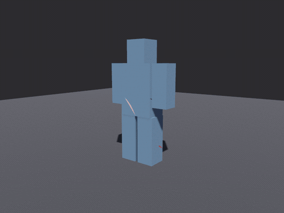 A blue blocked-out humanoid; a shot punches a channel through its chest which mists blood from the hole, then four blows in turn take an arm, the head, the other arm and both legs, each cut throwing a red spray outward along the face it opened while dark stains pile up on the floor beneath; the severed pieces keep pulsing blood at a heartbeat's rate as they lie there, the pulses weaken, and by the end the floor is soaked and the bleeding has stopped