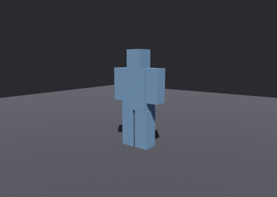 A blue blocked-out humanoid standing intact, then bursting into tumbling rounded chunks whose cut faces are raw red while their outer surfaces stay blue