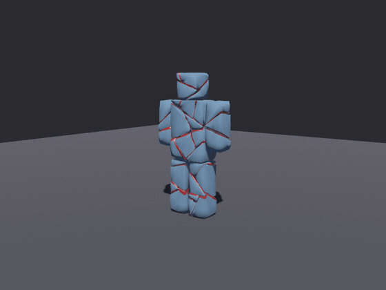 A blue blocked-out humanoid standing; a projectile takes off its arm, another its head, a slash takes the other arm, a blade through the waist takes both legs and a blast finishes the torso