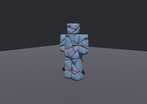 A blocked-out figure broken open; strands of gut spill from the torso, hang with weight, coil on the floor and tether the chunks that fell